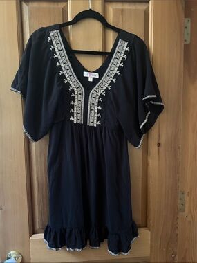 As U Wish Black Mini Dress with White Embroidery
